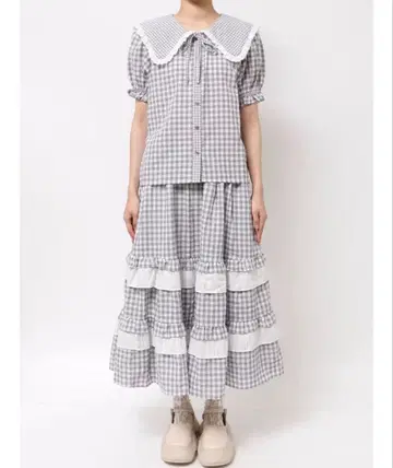 깅엄 리본 블라우스 깅엄 레이스 플레어 스커트 merry jenny