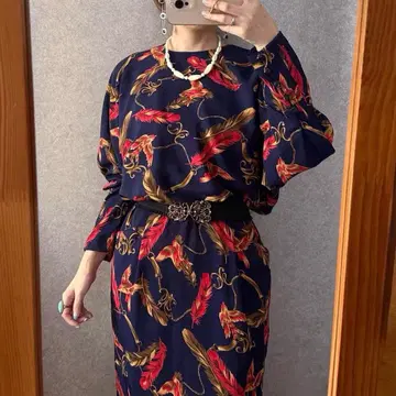 빈티지 레트로 구제 의류 페더 패턴 돌먼 원피스 올 패턴 일본제 버블리