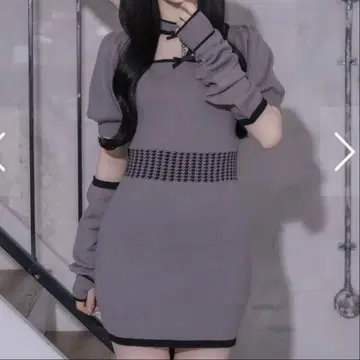 pium 비쥬 초커 하운드투스 체크 벨트 니트 원피스 차콜