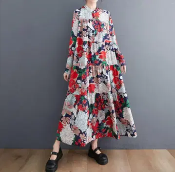모드 개성파 올 패턴 꽃무늬 보타니컬 원피스 티어드 셔츠 원피스