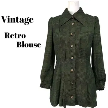 빈티지 레트로 블라우스 도트 기하학 체크 그린 M