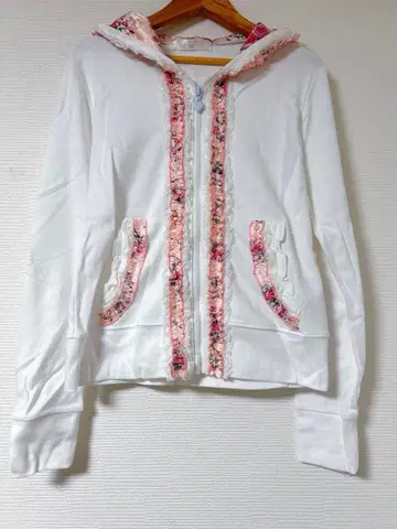 DearMyLove 플라워 무늬 프릴 후드티 화이트