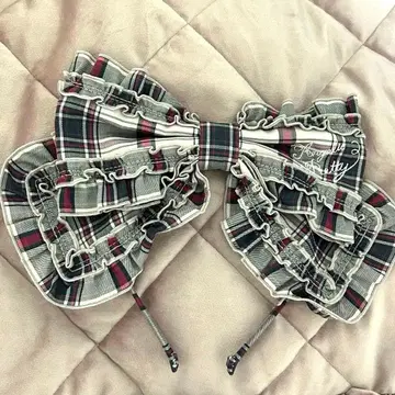 Angelic Pretty 로고 자수 프릴 리본 머리띠 (타탄) 핑크