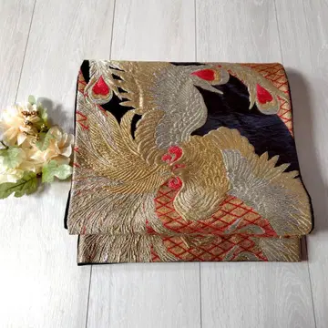 후쿠로 오비 블랙 베이스 블랙 골드 실버 봉황 새 고져스 기모노에 OBI