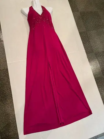 DE LARU 이브닝/콘테스트/파티/진한 핑크 퍼플 홀터 롱