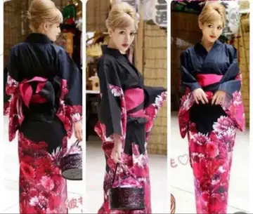 Rady 리조플라 유카타 오비 세트 꽃무늬 블랙 핑크 여성용 여름 축제