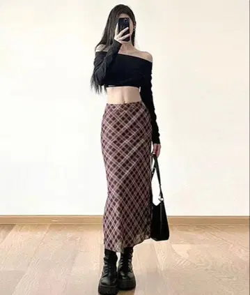 Y2K 체크 무늬 슬릿 튤 롱 스커트 빈티지 스타일