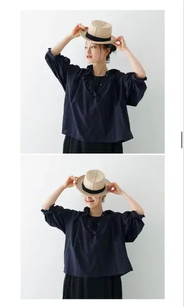 네스트로브 코튼 린넨 프릴 개더 보일 블라우스