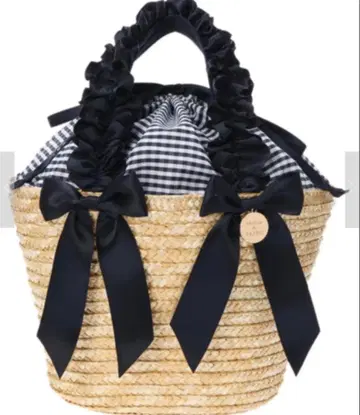 [ Maison de FLEUR ] 프릴 핸들 더블 리본 바스켓백 네이비