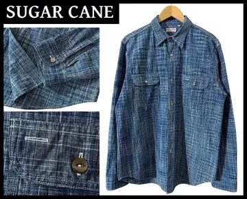 극미품 슈가케인 SC29264 인디고 염색 카스리 원단 워크 셔츠 L