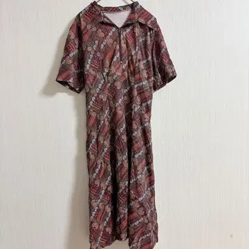 쇼와 레트로 올 패턴 롱 원피스 페이즐리 격자 무늬 하프 지퍼 빈티지