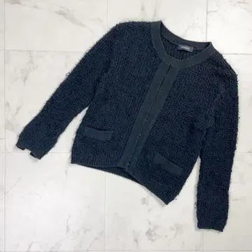 MAX &Co. 트위드 니트 노카라 자켓 7부 소매 블랙 S*OD220