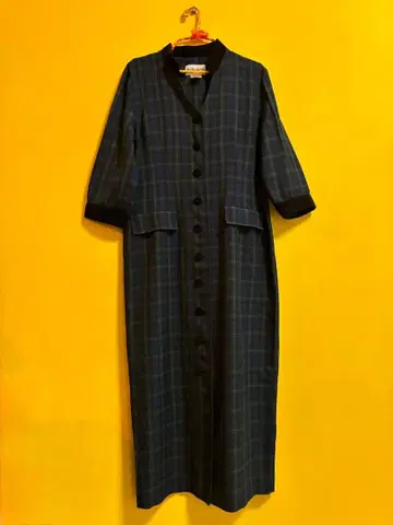 빈티지 그레이프 후르츠 문 체크 롱 원피스 그린 긴팔