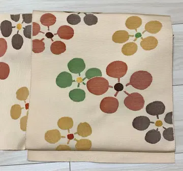 8촌 나고야 오비 순수 실크 중고 크림 캐주얼 꽃 tj225