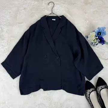 kagure 린넨 하프 슬리브 자켓 네이비 린넨