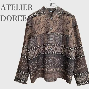 아틀리에돌 스탠드 카라 스웨이드 셔츠 올 패턴 브라운 빈티지