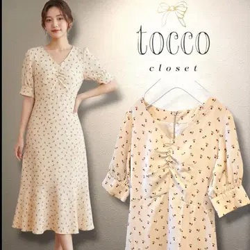 [tocco closet] 개더 슬리브 프티 로즈 패턴 세미 머메이드