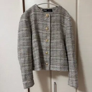ZARA 트위드 노카라 자켓 골드 버튼