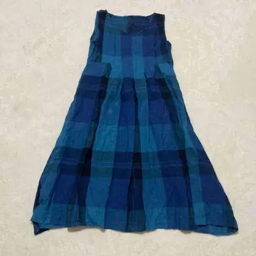 다마 컬렉션 린넨 원피스 슬리브리스 체크 블루 플레어