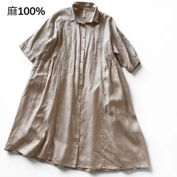 LUPILIEN 린넨 100% 반팔 절개 태그 원피스 베이지 F