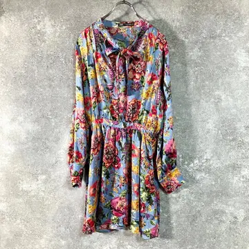 ZARA 플레어 원피스 긴팔 개더 블루 꽃무늬 멀티 컬러 무릎 아래