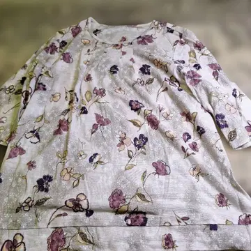 리넨 L 미세스 꽃무늬 긴팔 티셔츠 화이트 퍼플 핑크 롱