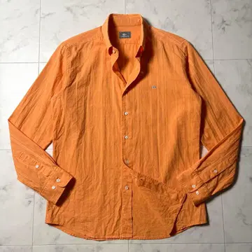 LACOSTE 린넨 혼방 섀도우 체크 긴팔 셔츠 악어 자수 4 오렌지