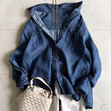 새상품급 다마컬렉션 13사이즈 린넨 100% 스냅 버튼 셔츠 블루