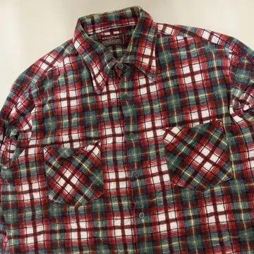 70s 프린트 플란넬 셔츠 빨간색 그린 화이트 체크 무늬 빈티지