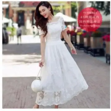 웨딩 텐다리 앤티크풍 화이트 레이스 반팔 롱 원피스