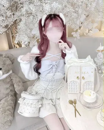 HONEY MEW 허니뮤우 빅 리본 샤기 앙상블 상의 XS