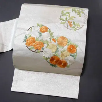 자수 화려함 은색 순수 실크 구촌 나고야 오비 세미 포멀 다도석 b368