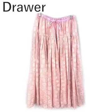 드로어 Drawer 개더 플레어 롱 스커트 꽃무늬 자카드 핑크