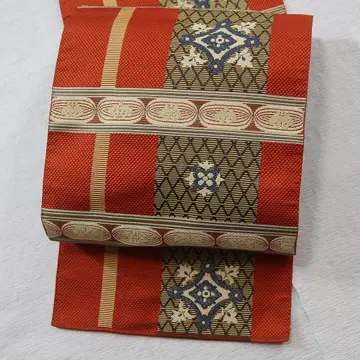 솔잎 마감 벽돌색 코트풍 순수 실크 나고야 오비 (약 24cm) b341