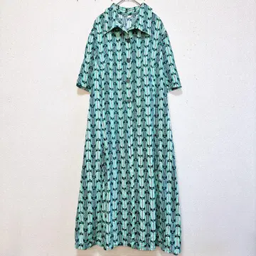 레어 빈티지 쇼와 레트로 기하학 패턴 원피스 그린 A라인 올 패턴