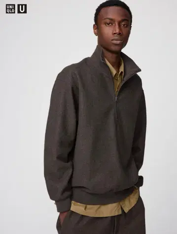 유니클로 U 브러쉬드 맨투맨 하프 지퍼 셔츠 브라운 L 사이즈