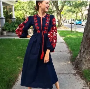 ZARA 자라 빅 사이즈 롱 원피스 원피스 꽃무늬 자수 린넨