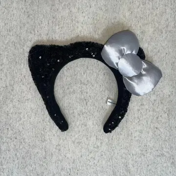 USJ 키티 고양이 귀 머리띠 실버 리본 포함 블랙