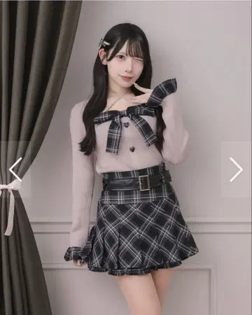 pium 체크 레이어드 리본 니트탑 핑크