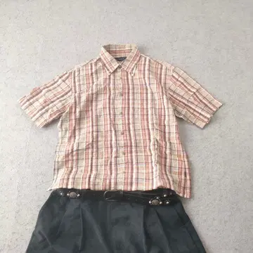 체크 반팔 셔츠 카키 핑크 짧은 기장