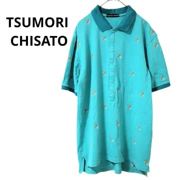 츠모리치사토 반팔 피케 셔츠 해마 패턴 자수 터콰이즈 봄/여름 일본제