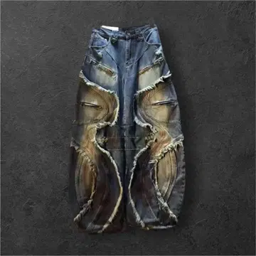 y2k 기믹 그런지 데님 팬츠 초와이드 A라인 데미지 가공