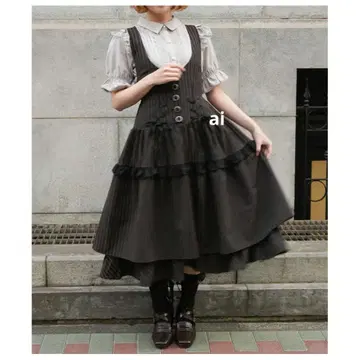 [새상품] 엑시즈팜 포에틱 더블 리본 스트라이프 오버롤 스커트