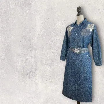 긴팔 데님 셋업 / 자수 비쥬 스톤 부착 빈티지