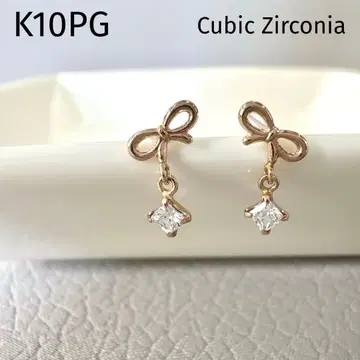 K10PG 큐빅 지르코니아 핑크 골드 리본 귀걸이