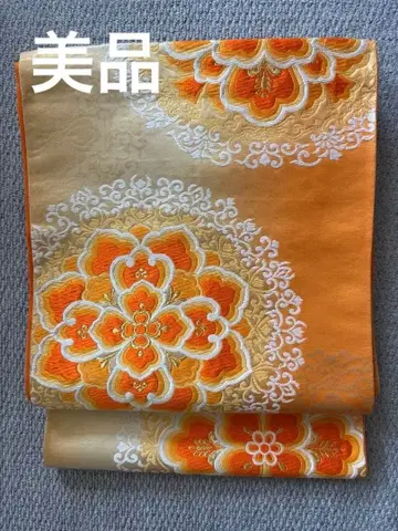 고급 순수 실크 후쿠로 오비 화문양 오렌지 골드 기모노 예복 후리소데