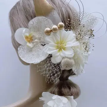 머리 장식 성인식 졸업식 결혼식 깃털 화이트 골드 미즈히키 튤