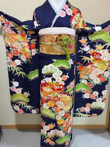 후리소데 5점 세트 순수 실크 성인식 사전 촬영 결혼식 네이비 컬러 금채