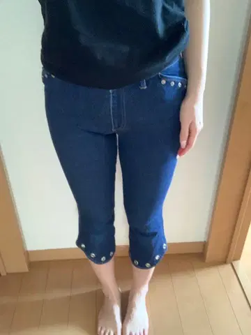 데님 아이렛트기 카프리 팬츠