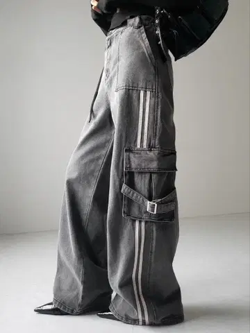 me+em select 사이드 라인 스트레이트 카고 데님 팬츠 블랙